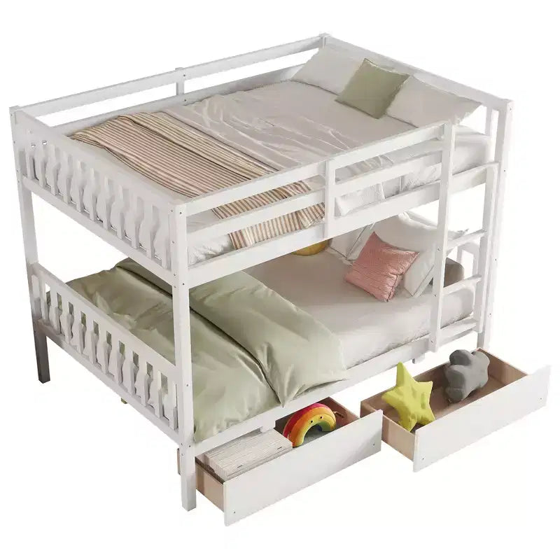 Lit superposé convertible en bois d’hévéa avec 2 tiroirs, échelle et barrières de sécurité
