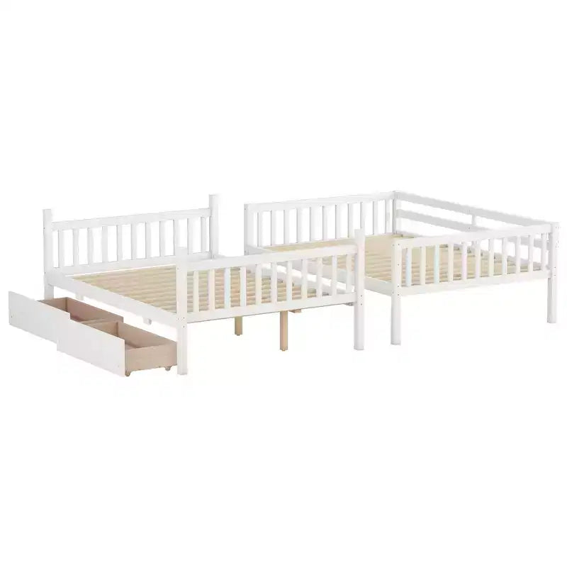 Lit superposé convertible en bois d’hévéa avec 2 tiroirs, échelle et barrières de sécurité