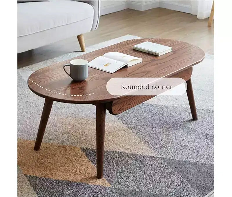 Mesa de centro ovalada de roble macizo de 47W con dos cajones
