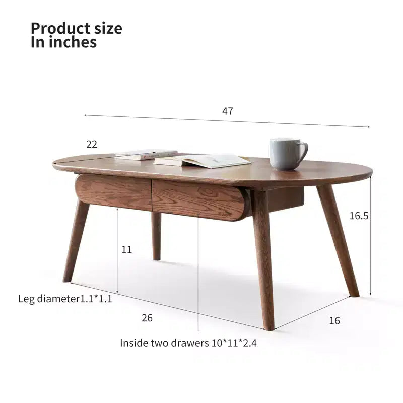 Mesa de centro ovalada de roble macizo de 47W con dos cajones
