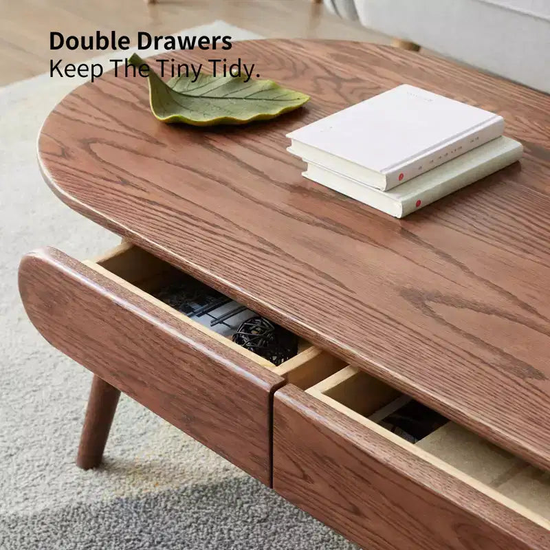 Mesa de centro ovalada de roble macizo de 47W con dos cajones