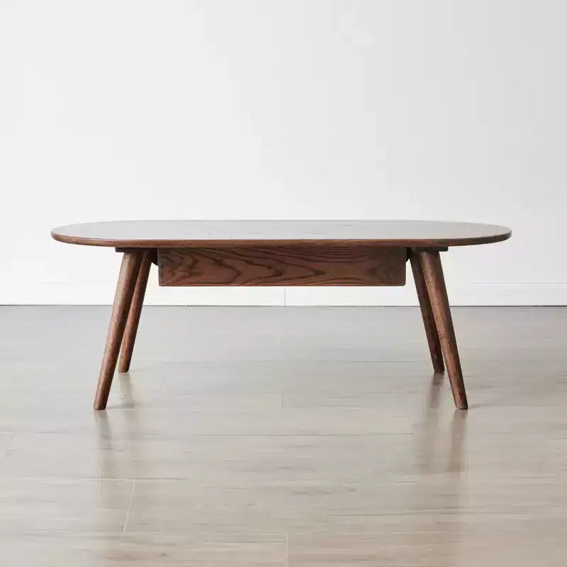 Mesa de centro ovalada de roble macizo de 47W con dos cajones