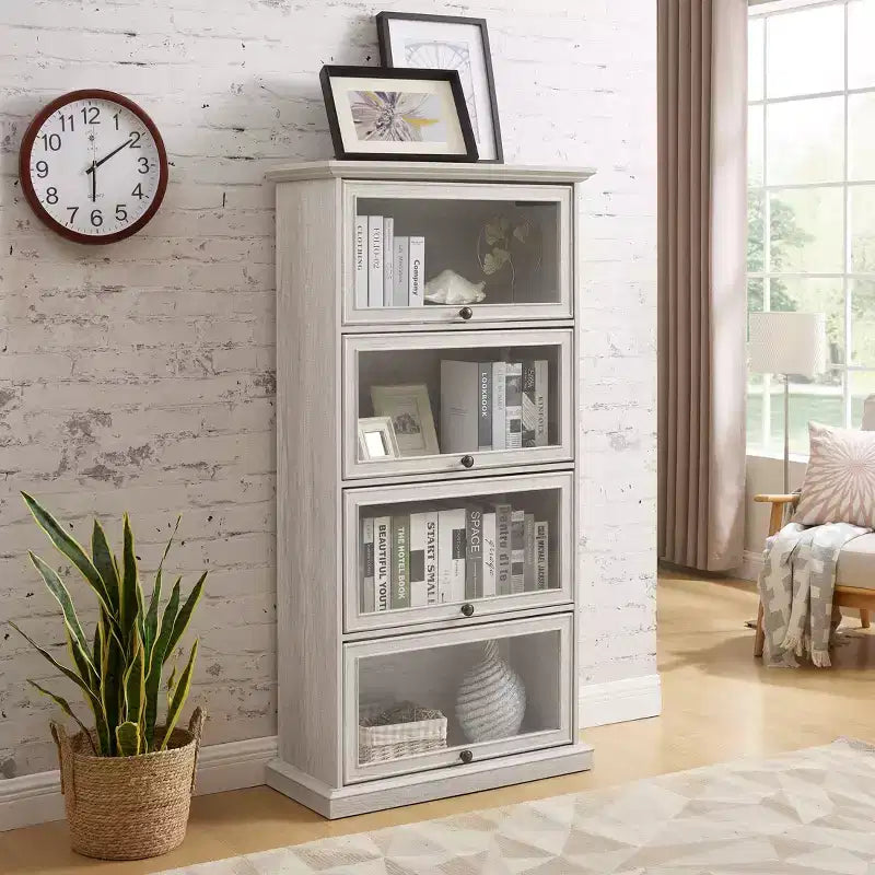 Vitrine en verre à 4 étagères de 63, MDF blanc + verre trempé (portes basculantes pour objets de collection/jouets/livres)