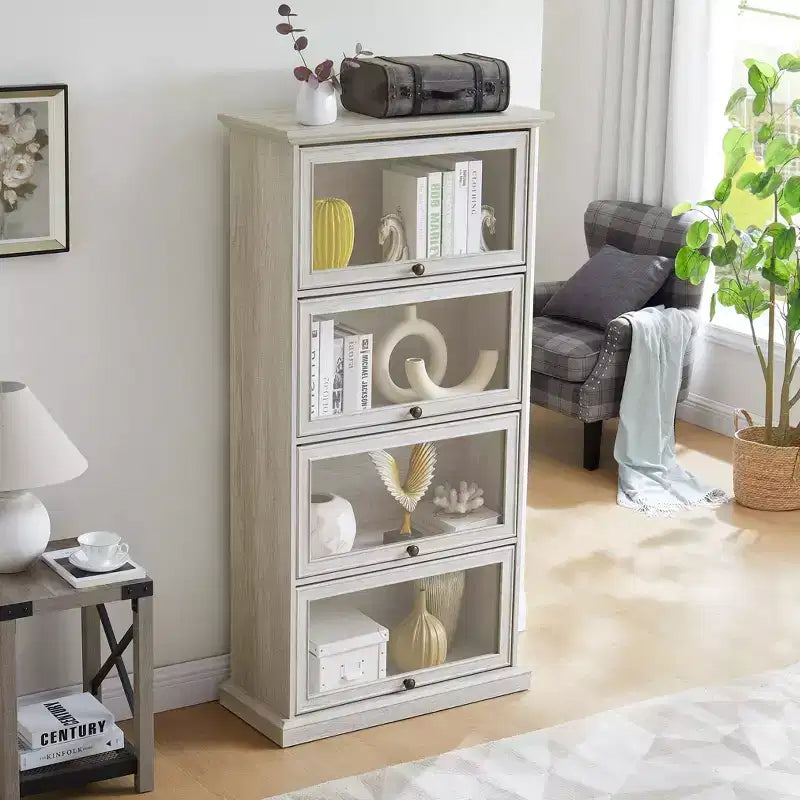 63-Zoll-Glasvitrine mit 4 Ablagen, weißer Vitrinenschrank aus MDF und gehärtetem Glas (Klappüren für Sammlerstücke, Spielzeug und Bücher)