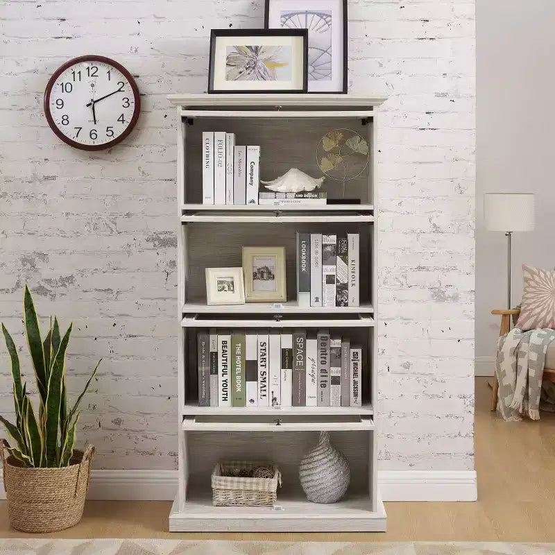 Vitrine en verre à 4 étagères de 63, MDF blanc + verre trempé (portes basculantes pour objets de collection/jouets/livres)