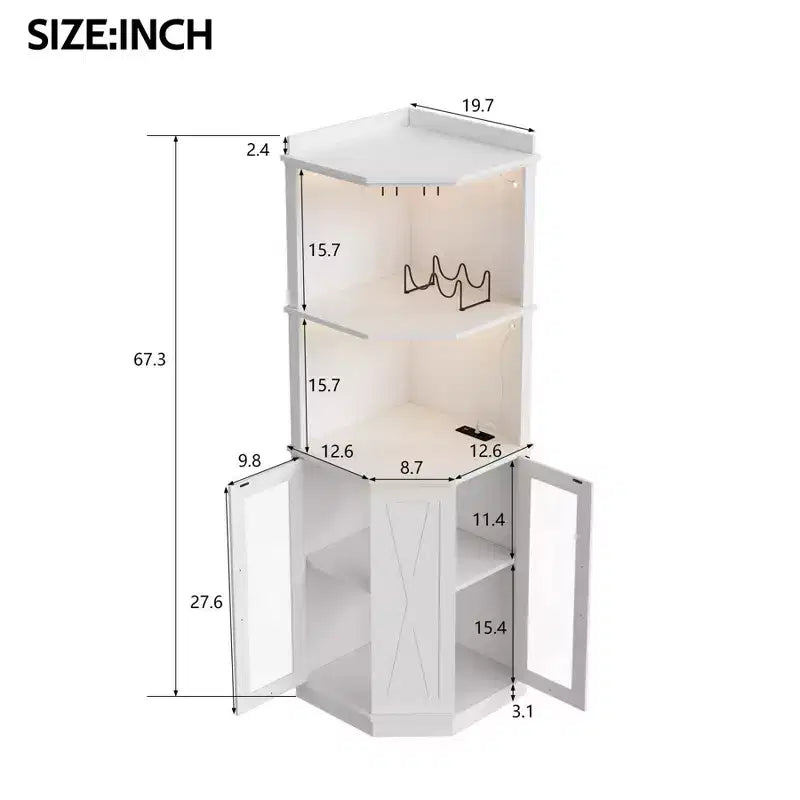 Meuble-bar d’angle avec porte-verres, meuble à vin de ferme de 67 de haut avec prise électrique, meuble-présentoir à alcools en bois pour salle à manger ou cuisine