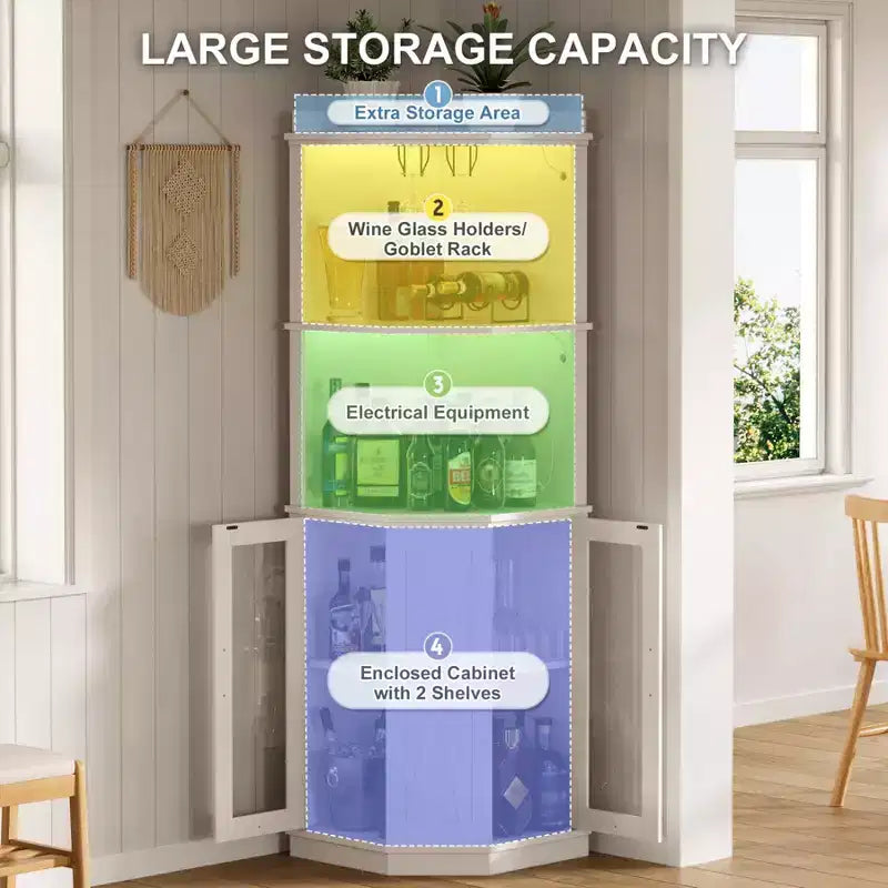 Meuble-bar d’angle avec porte-verres, meuble à vin de ferme de 67 de haut avec prise électrique, meuble-présentoir à alcools en bois pour salle à manger ou cuisine