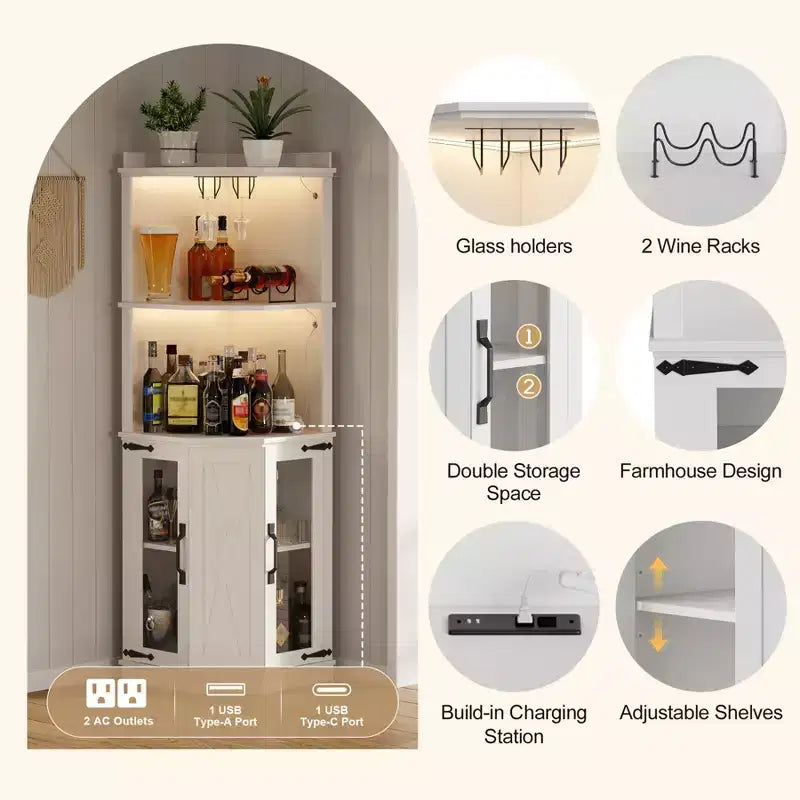 Meuble-bar d’angle avec porte-verres, meuble à vin de ferme de 67 de haut avec prise électrique, meuble-présentoir à alcools en bois pour salle à manger ou cuisine