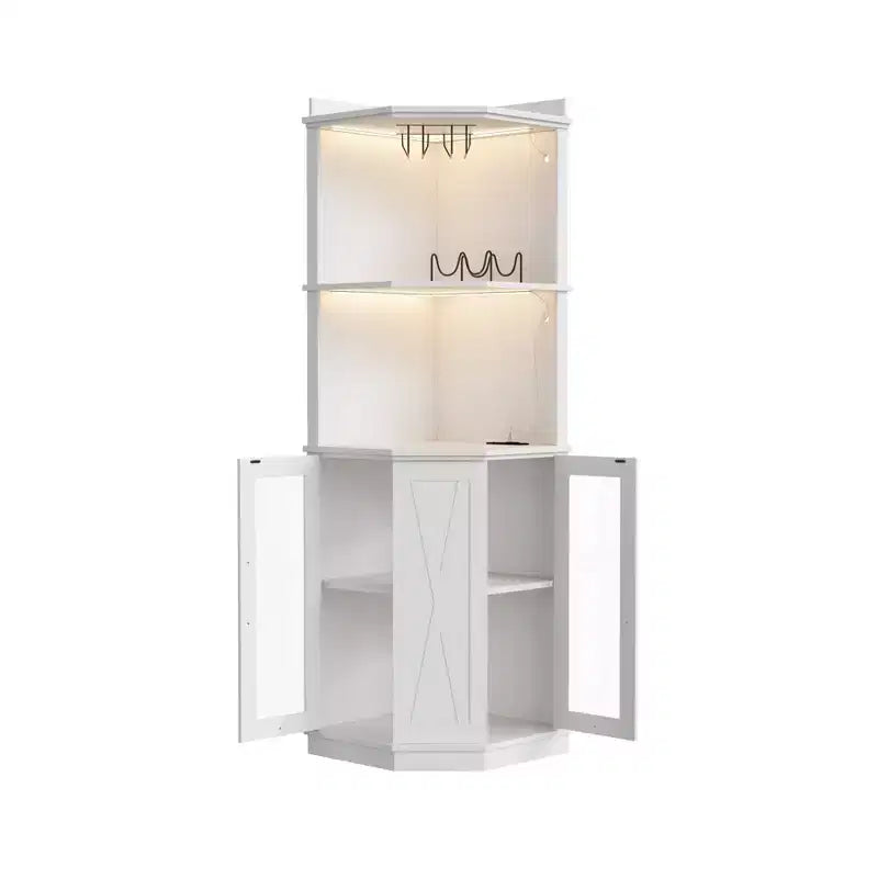 Gabinete esquinero para bar con soporte para copas, gabinete alto para vinos estilo granja de 67 con toma de corriente, de madera, para comedor o cocina