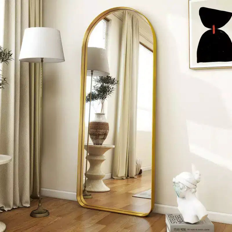 Full-Length Arched Floor Mirror with Metal Frame, Modern Rounded Corner Design