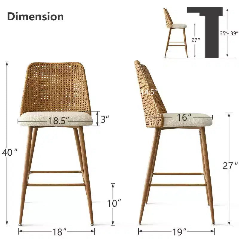 Set aus 4 Bouclé-Rattan-Thekenhockern, 27 Zoll hohe gepolsterte Barstühle mit Rattanlehne für Kücheninsel oder Frühstückstheke