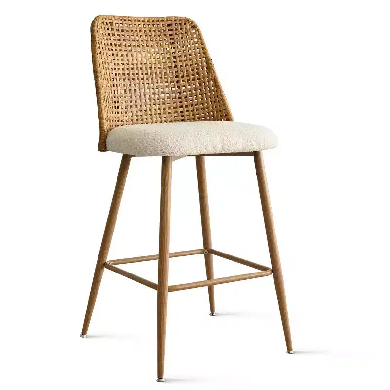 Set aus 4 Bouclé-Rattan-Thekenhockern, 27 Zoll hohe gepolsterte Barstühle mit Rattanlehne für Kücheninsel oder Frühstückstheke