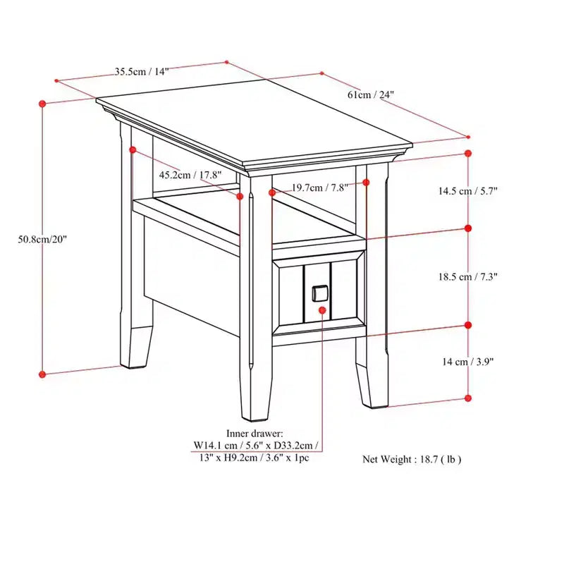 Table d’appoint étroite de style transitionnel en bois massif, largeur de 14 inch, avec tiroir