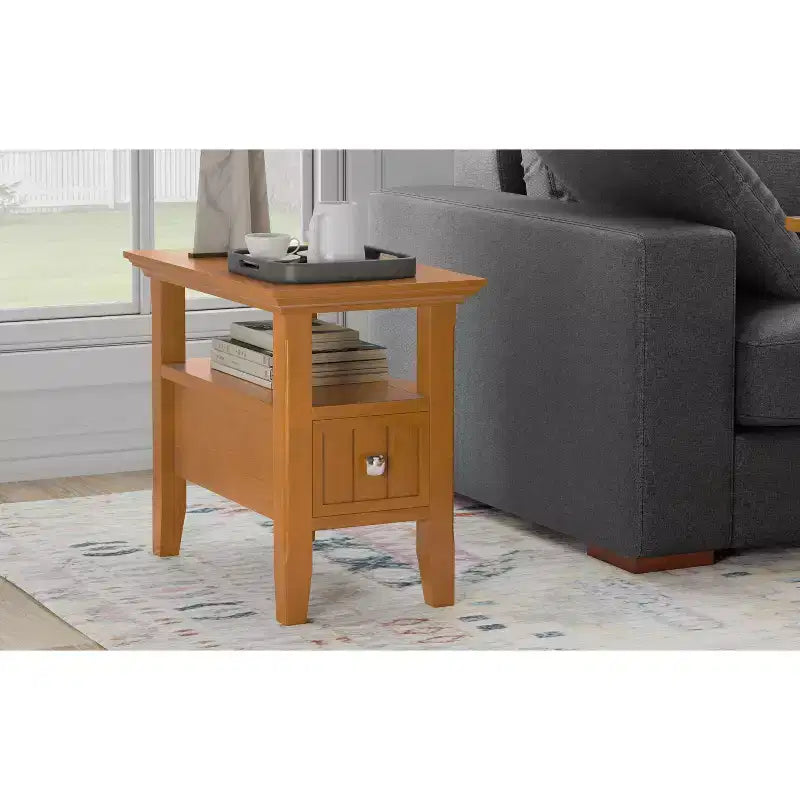 Table d’appoint étroite de style transitionnel en bois massif, largeur de 14 inch, avec tiroir
