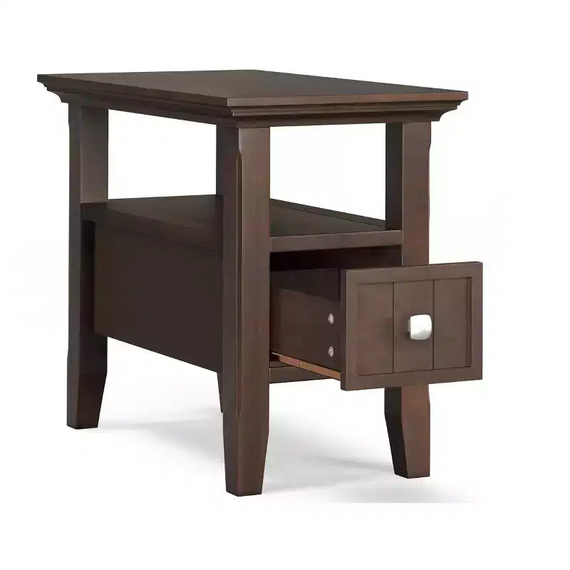 Table d’appoint étroite de style transitionnel en bois massif, largeur de 14 inch, avec tiroir