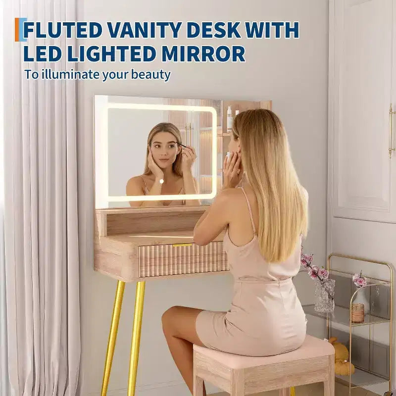 Coiffeuse LED de 31.5 avec miroir et éclairage à 3 couleurs - Table de toilette avec prise de courant et 2 tiroirs pour chambre