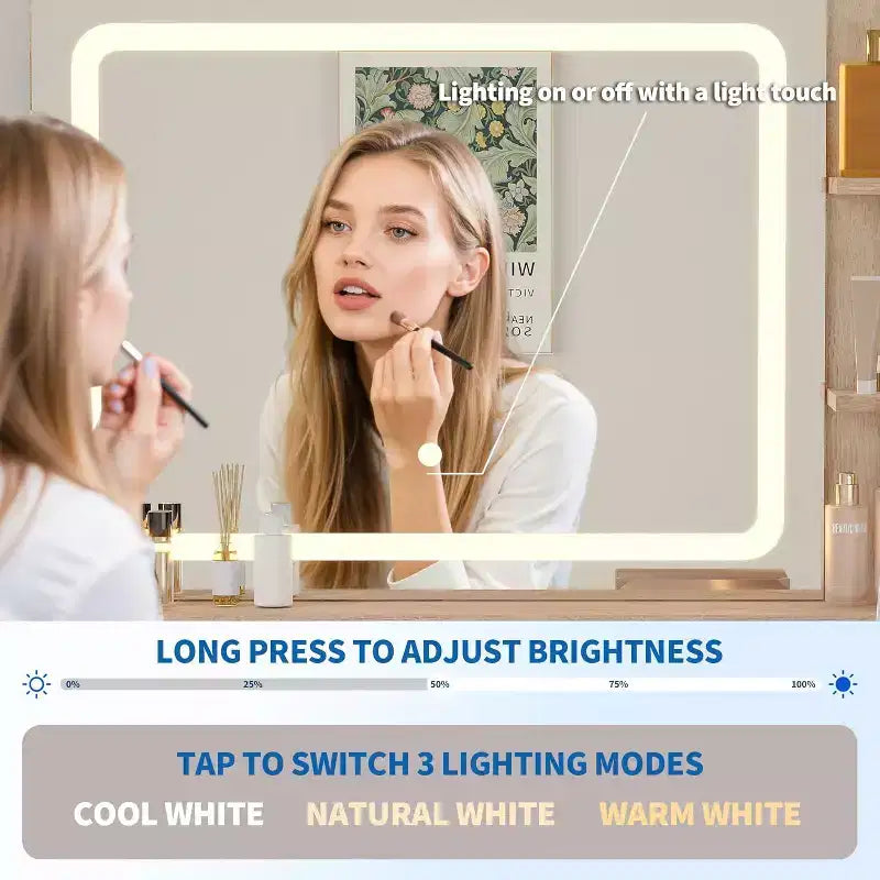Coiffeuse LED de 31.5 avec miroir et éclairage à 3 couleurs - Table de toilette avec prise de courant et 2 tiroirs pour chambre