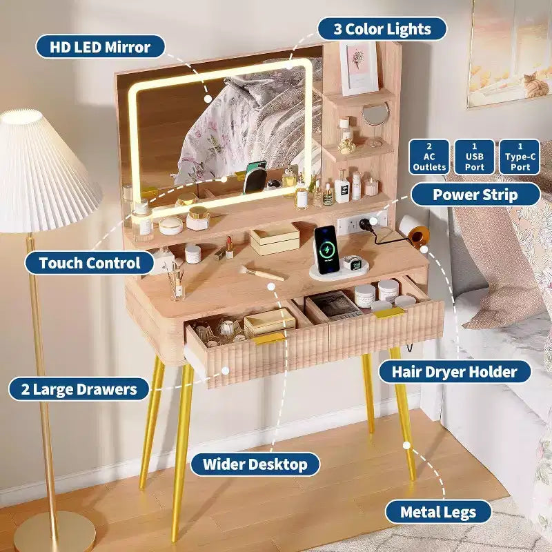 Coiffeuse LED de 31.5 avec miroir et éclairage à 3 couleurs - Table de toilette avec prise de courant et 2 tiroirs pour chambre