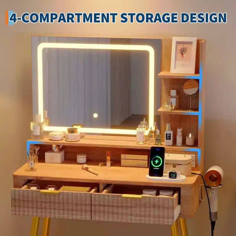 Coiffeuse LED de 31.5 avec miroir et éclairage à 3 couleurs - Table de toilette avec prise de courant et 2 tiroirs pour chambre
