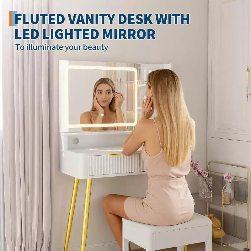 Coiffeuse LED de 31.5 avec miroir et éclairage à 3 couleurs - Table de toilette avec prise de courant et 2 tiroirs pour chambre