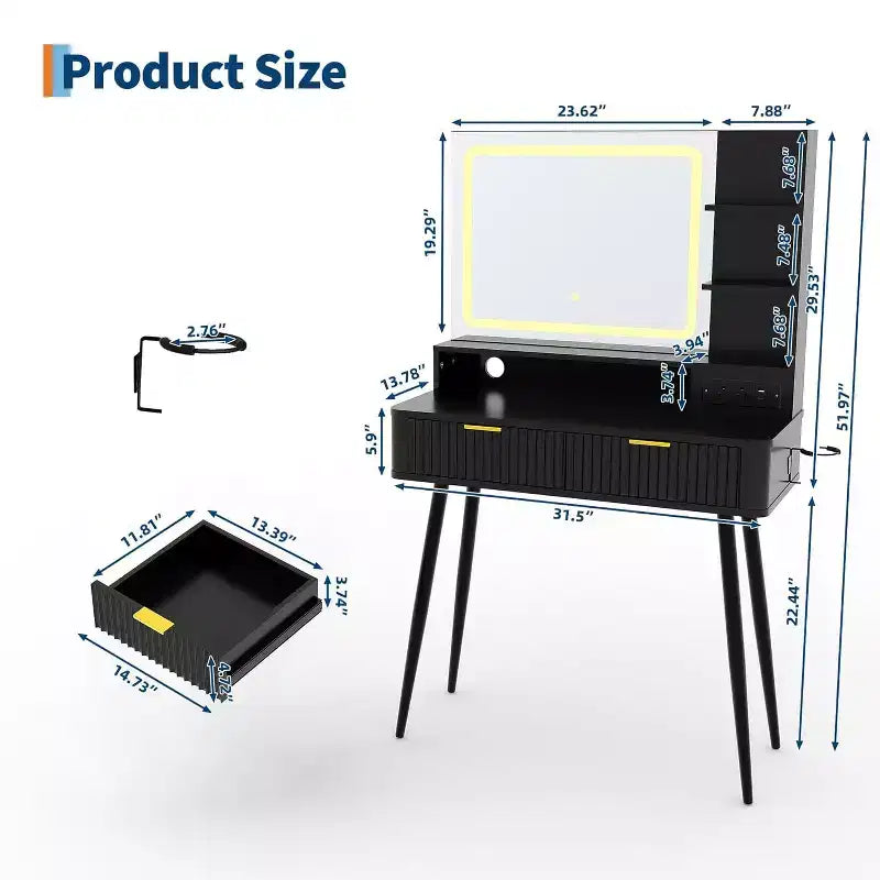 Coiffeuse LED de 31.5 avec miroir et éclairage à 3 couleurs - Table de toilette avec prise de courant et 2 tiroirs pour chambre