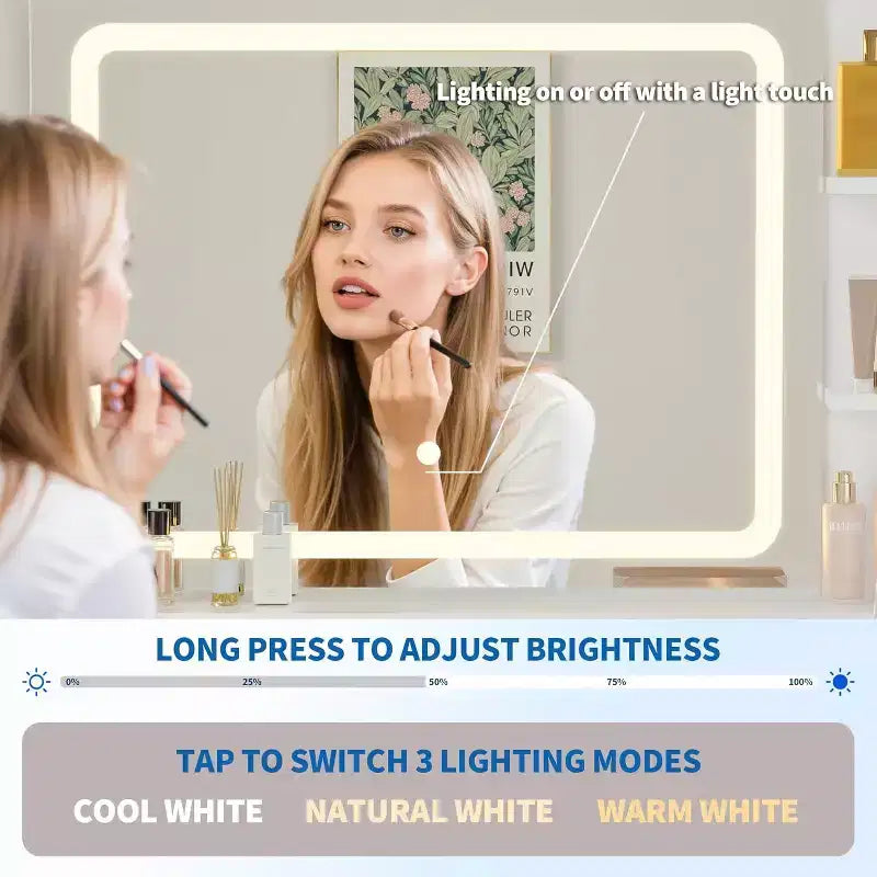 Coiffeuse LED de 31.5 avec miroir et éclairage à 3 couleurs - Table de toilette avec prise de courant et 2 tiroirs pour chambre