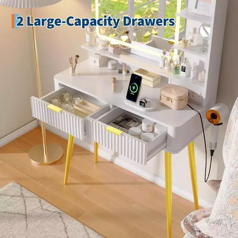 Coiffeuse LED de 31.5 avec miroir et éclairage à 3 couleurs - Table de toilette avec prise de courant et 2 tiroirs pour chambre