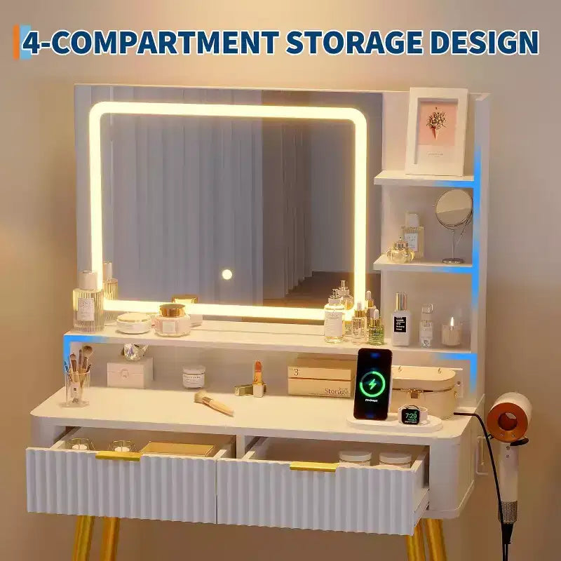 Coiffeuse LED de 31.5 avec miroir et éclairage à 3 couleurs - Table de toilette avec prise de courant et 2 tiroirs pour chambre