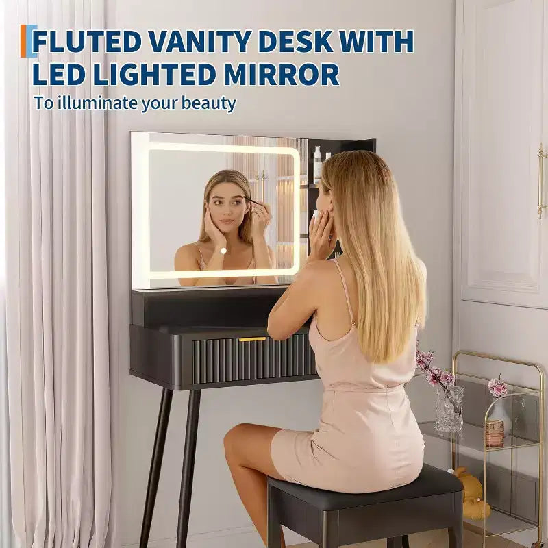 Coiffeuse LED de 31.5 avec miroir et éclairage à 3 couleurs - Table de toilette avec prise de courant et 2 tiroirs pour chambre