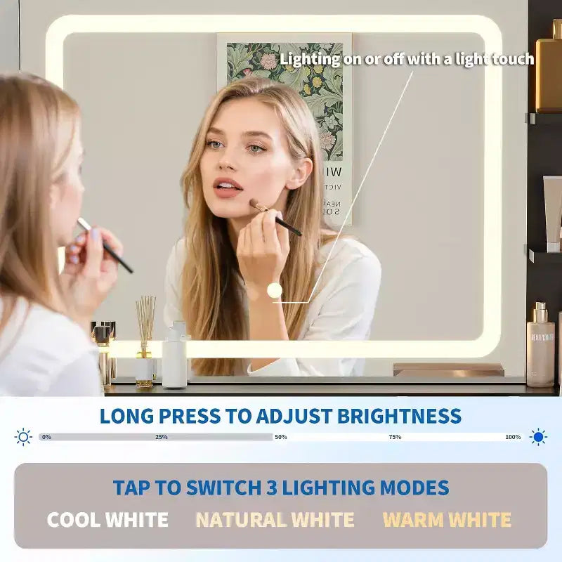 31.5 LED-Schminktisch mit Spiegel und 3-Farben-Beleuchtung - Frisiertisch mit Steckdose und 2 Schubladen fürs Schlafzimmer