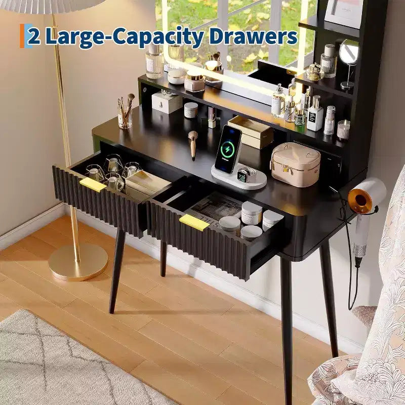Coiffeuse LED de 31.5 avec miroir et éclairage à 3 couleurs - Table de toilette avec prise de courant et 2 tiroirs pour chambre