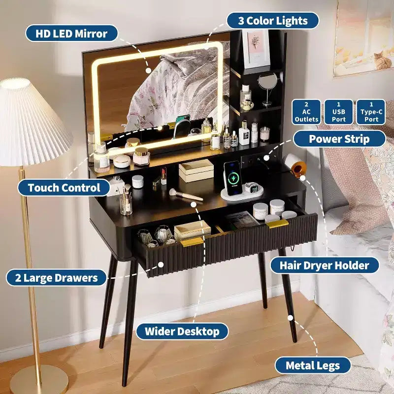 Coiffeuse LED de 31.5 avec miroir et éclairage à 3 couleurs - Table de toilette avec prise de courant et 2 tiroirs pour chambre