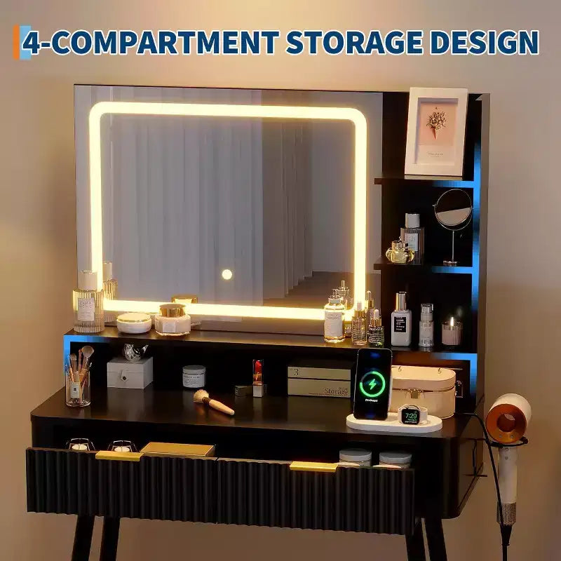 Coiffeuse LED de 31.5 avec miroir et éclairage à 3 couleurs - Table de toilette avec prise de courant et 2 tiroirs pour chambre