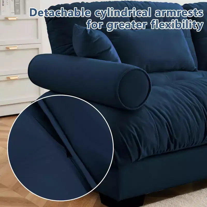 Modernes Zweisitzer-Sofa mit Hocker, 2 runden Armlehnenpolstern, Lendenkissen und Zierkissen fürs Wohnzimmer, Blau