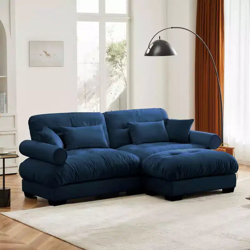 Canapé moderne deux places avec ottoman, 2 accoudoirs ronds en traversin, coussins de taille et coussins décoratifs pour le salon, bleu