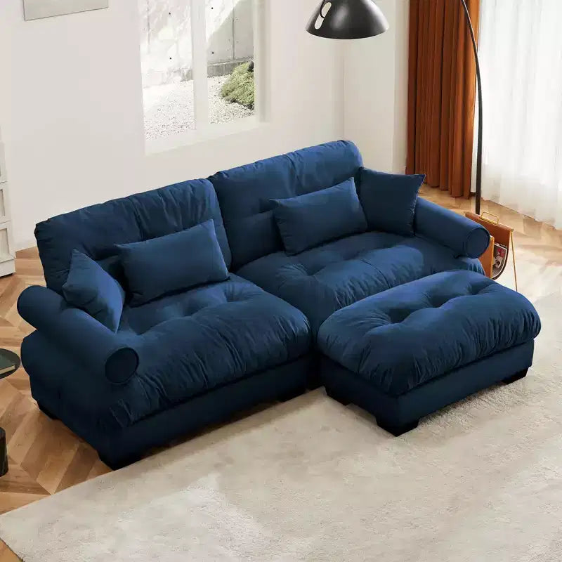 Modernes Zweisitzer-Sofa mit Hocker, 2 runden Armlehnenpolstern, Lendenkissen und Zierkissen fürs Wohnzimmer, Blau