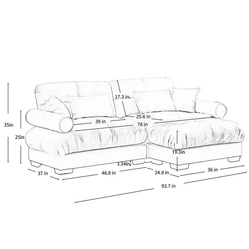 Modernes Zweisitzer-Sofa mit Hocker, 2 runden Armlehnenpolstern, Lendenkissen und Zierkissen fürs Wohnzimmer, Blau