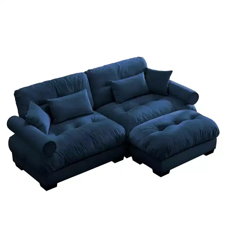 Canapé moderne deux places avec ottoman, 2 accoudoirs ronds en traversin, coussins de taille et coussins décoratifs pour le salon, bleu
