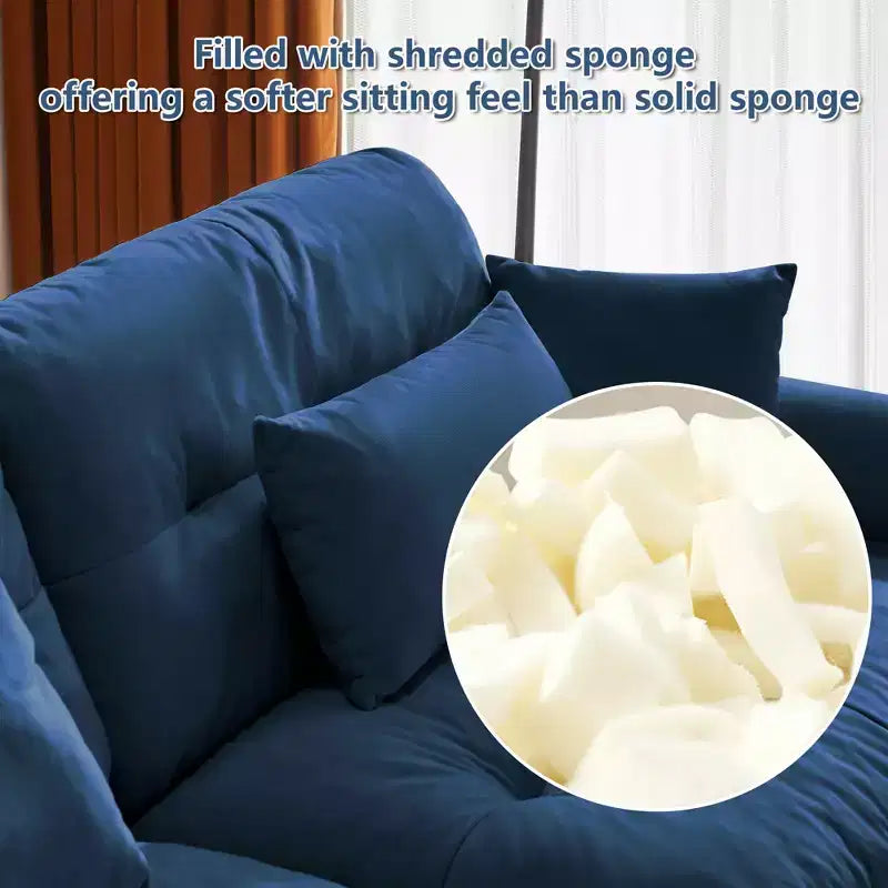 Modernes Zweisitzer-Sofa mit Hocker, 2 runden Armlehnenpolstern, Lendenkissen und Zierkissen fürs Wohnzimmer, Blau