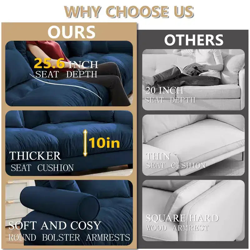 Modernes Zweisitzer-Sofa mit Hocker, 2 runden Armlehnenpolstern, Lendenkissen und Zierkissen fürs Wohnzimmer, Blau