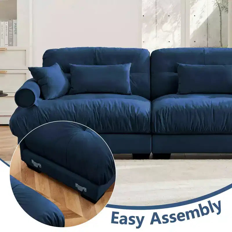 Modernes Zweisitzer-Sofa mit Hocker, 2 runden Armlehnenpolstern, Lendenkissen und Zierkissen fürs Wohnzimmer, Blau