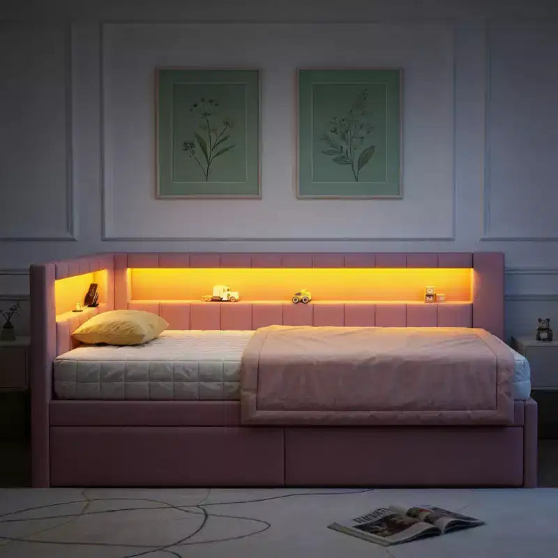 Gepolstertes Twin-Bett mit Plattform aus Leinen und 2 Schubladen
