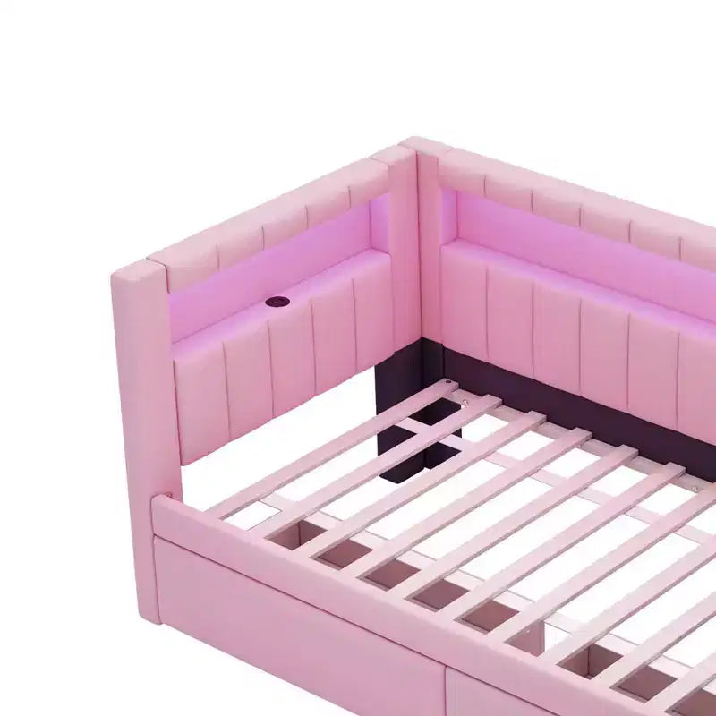 Gepolstertes Twin-Bett mit Plattform aus Leinen und 2 Schubladen