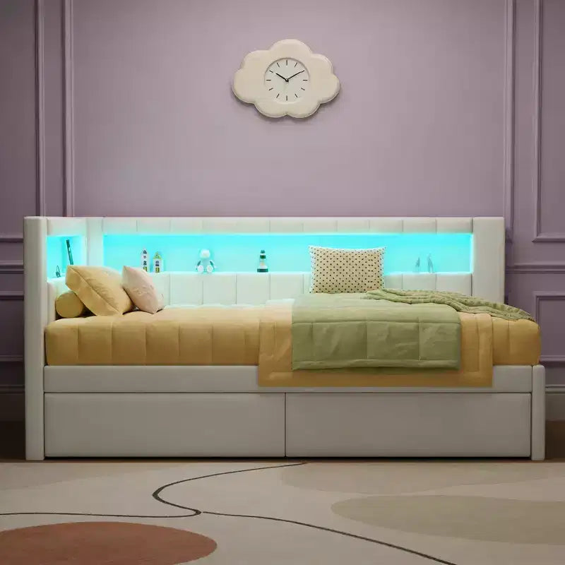 Gepolstertes Twin-Bett mit Plattform aus Leinen und 2 Schubladen