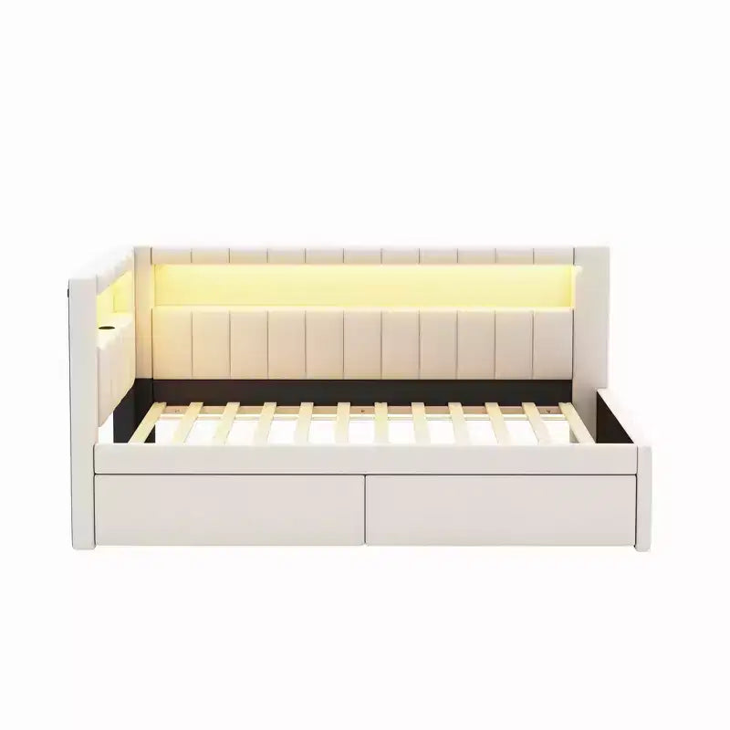 Gepolstertes Twin-Bett mit Plattform aus Leinen und 2 Schubladen