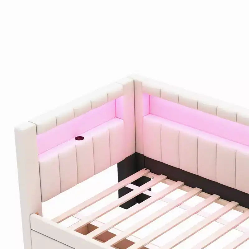 Gepolstertes Twin-Bett mit Plattform aus Leinen und 2 Schubladen