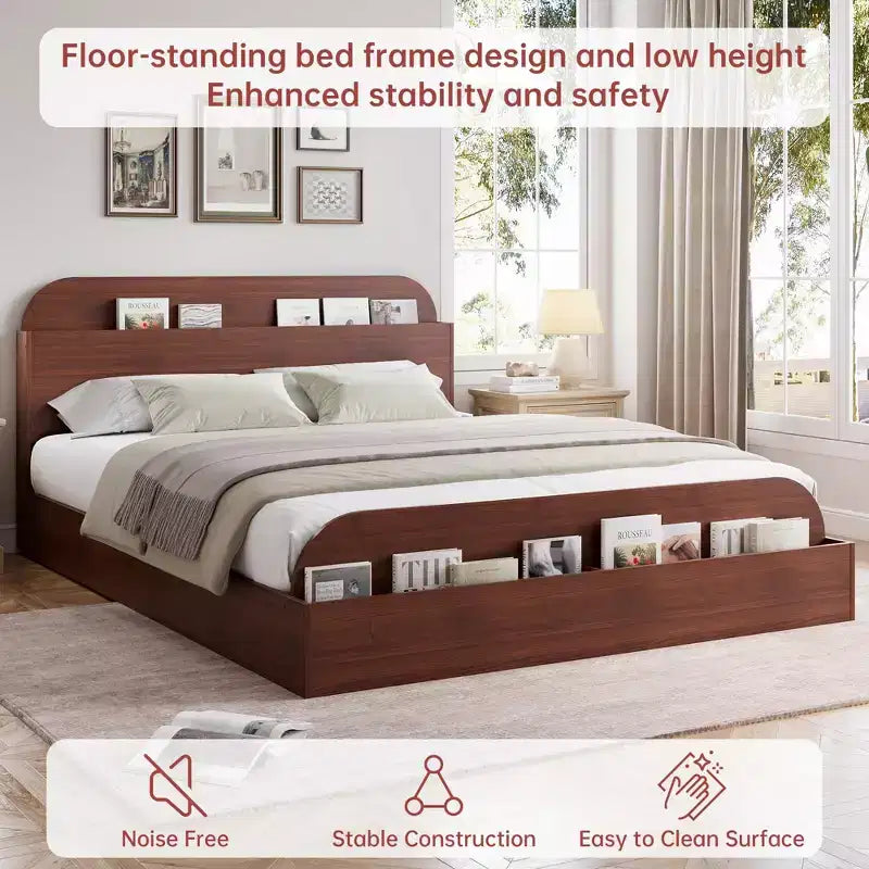 Cadre de lit en bois avec tête de lit de rangement - lit plateforme bas pour enfant avec pied de lit surélevé, lattes en bois robustes (sans sommier nécessaire)
