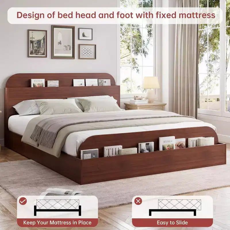 Cadre de lit en bois avec tête de lit de rangement - lit plateforme bas pour enfant avec pied de lit surélevé, lattes en bois robustes (sans sommier nécessaire)