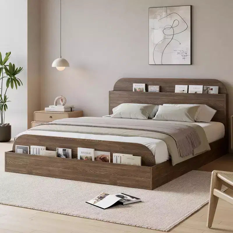 Cadre de lit en bois avec tête de lit de rangement - lit plateforme bas pour enfant avec pied de lit surélevé, lattes en bois robustes (sans sommier nécessaire)