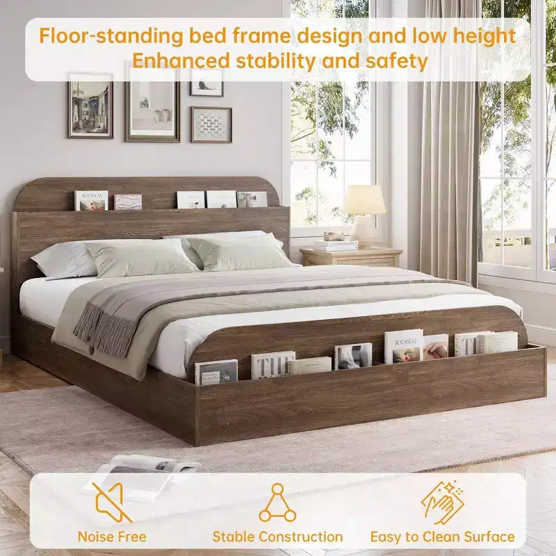 Cadre de lit en bois avec tête de lit de rangement - lit plateforme bas pour enfant avec pied de lit surélevé, lattes en bois robustes (sans sommier nécessaire)